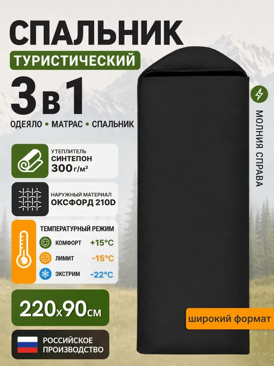 Спальник туристический, спальный мешок одеяло, черный