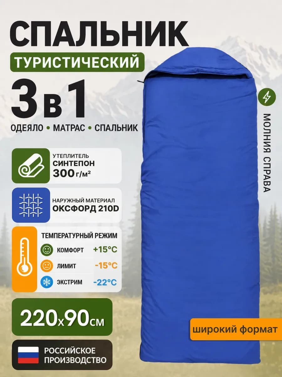 Спальник туристический, спальный мешок одеяло, синий «василек»