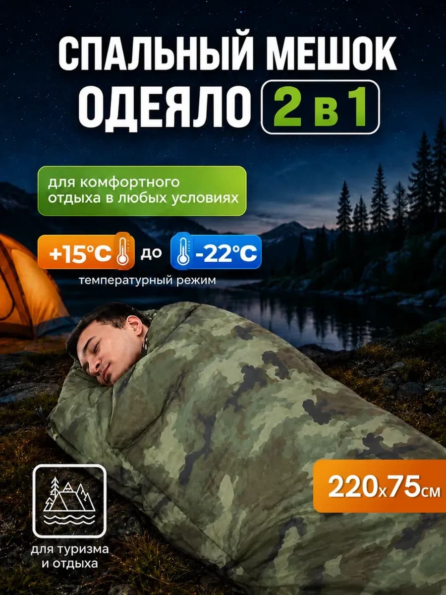 Спальный мешок - одеяло туристический, камуфляж «нато»