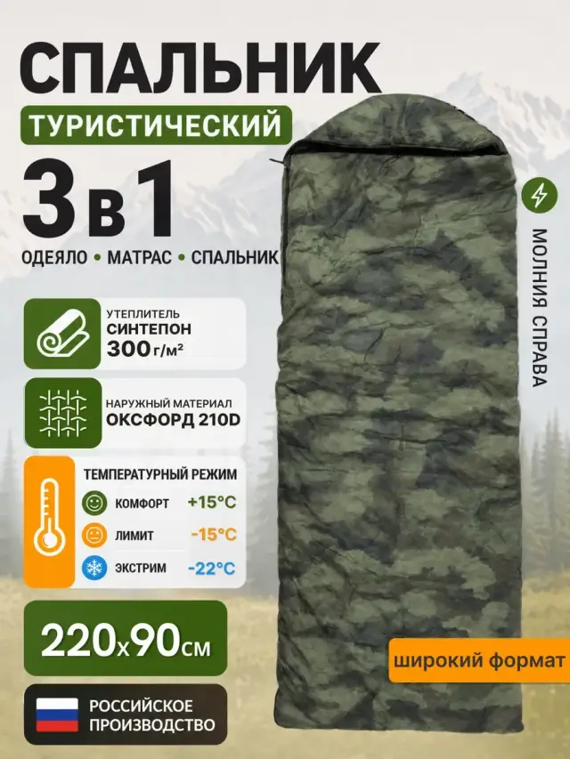 Спальник туристический, спальный мешок одеяло, зеленый «нато»