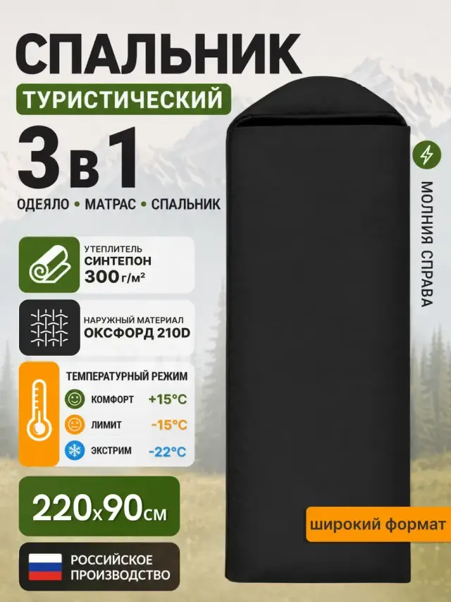 Спальник туристический, спальный мешок одеяло, черный