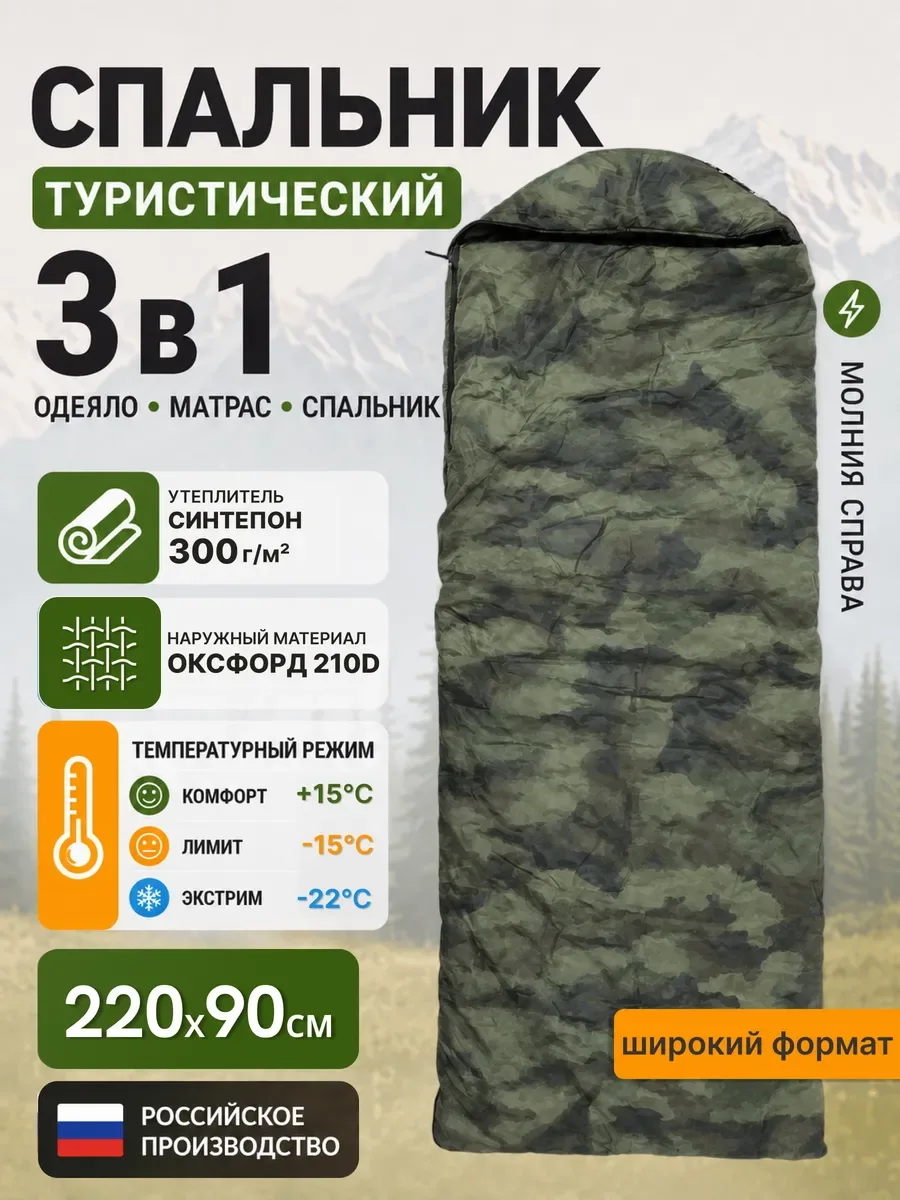 Спальник туристический, спальный мешок одеяло, зеленый «нато»