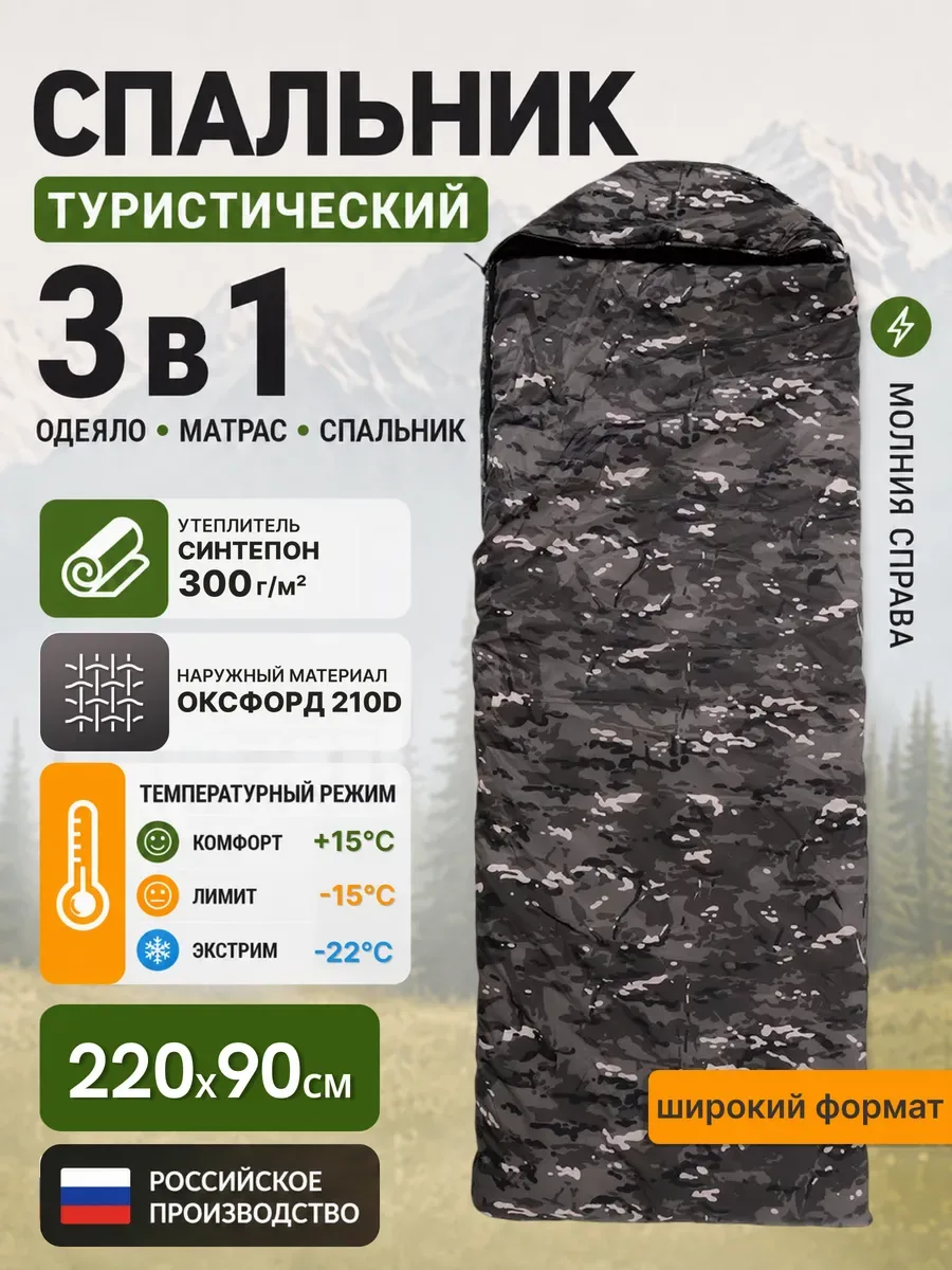 Спальник туристический, спальный мешок одеяло, черный «камуфляж»